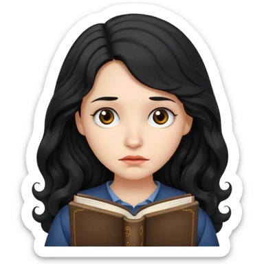 Long Hair Women with Book, Black wavy hair, sad

 sticker