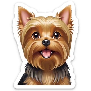 Cinematic Comical Yorkshire Terrier Portrait Emoji, Head tilted dramatically with an exaggeratedly surprised, comical expression and wide, expressive eyes, featuring a perky, well-groomed fur in rich hues, simplified yet hilariously detailed, glowing with a bold, sassy radiance, high shine, exuding playful mischief and cheeky terrier attitude, styled with a soft glowing outline, capturing the essence of a Yorkshire Terrier that appears ready to comically dash out of the frame! sticker