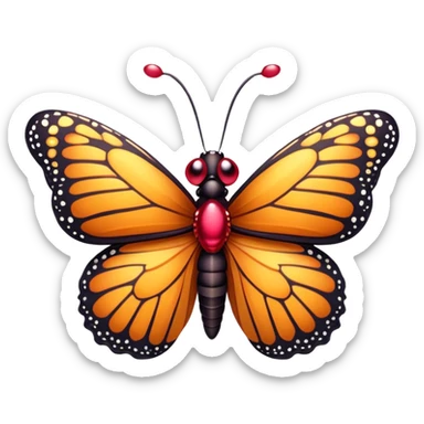 Cinematic Realistic Cute monarch Butterfly Portrait Emoji, Head tilted playfully and inquisitively, featuring vibrantly patterned ruby wings with intricate detailing and a charming, petite body with round, sparkling eyes full of warm curiosity, rendered with lifelike precision and natural highlights, high shine, affectionate and spirited, styled with a touch of whimsical garden delight, soft glowing outline, capturing the essence of a mischievous yet lovable monarch butterfly that seems poised to flutter playfully into your arms! sticker