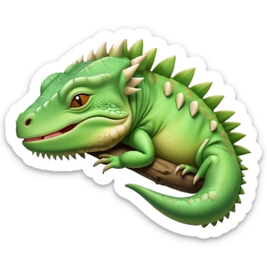 Meme-Worthy Cute Sleeping Iguana Portrait Emoji, Head resting peacefully with a contented smile, showcasing a solid, textured body with a subdued spiky crest and eyes gently closed in serene slumber, Simplified yet adorably endearing features, highly detailed, glowing with a soft, drowsy jungle light, high shine, relaxed and utterly lovable, stylized with an air of playful laziness, soft glowing outline, capturing the essence of a sleeping iguana that feels destined to become the next viral icon of adorable rest! sticker