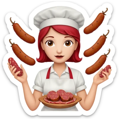 Charcutera con un chorizo y embutido en la mano con una redecilla en el pelo y delantal blanco y añade mucha carne alrededor sticker