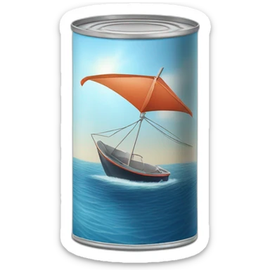 realistic can of tuna fish sowing the shape of a sailling boat on a sea background sticker