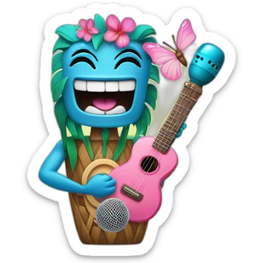 Cartoon Blue and pink tiki singing with butterfly and in the mikrophone sticker