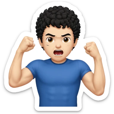Emoji di ragazzo con capelli neri e ricci che urla e che fa vedere il muscolo del braccio e che fa questo gesto ✊🏻 sticker