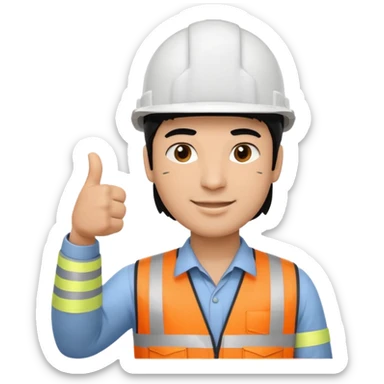Una persona con pelo negro varon con casco blanco inginiero cilvil pulgar arriba sticker