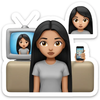 a pretty bratz dusky girl with long straight hair watching tv and wearing a grey tshirt sticker