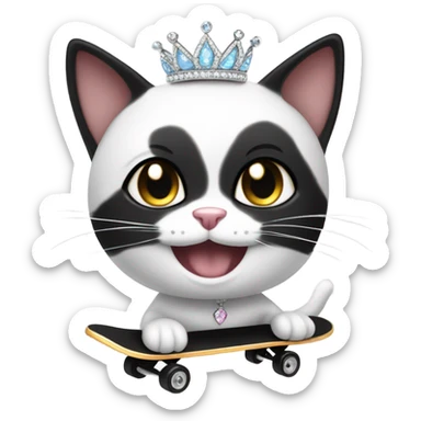 Grinning Black and white cat skateboarding wearng crystal tiara sticker