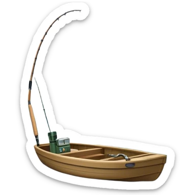 Icon for Fishing: a boat on the shore of a serene lake, including trees and water, with a scenic natural background, a fishing rod and tackle box. The icon should represent the peacefulness of fishing. Transparent background, no border. sticker