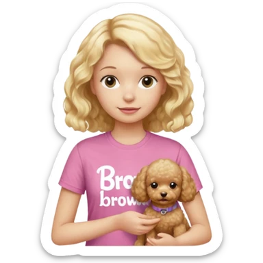 hazme un emoji que sea una niña rubi con el pelo ondulado i una camiseta rosa que ponga brownie, i acariciando a un perro (caniche toy) sticker