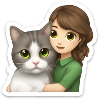 Girl with brown eyes and brown hair kiss Scottish fold while with gray cat with green eyes and sticker