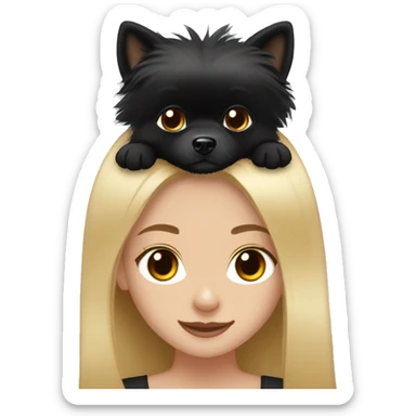brown eyes blond girl petting black pomeranian with a white nose  sticker