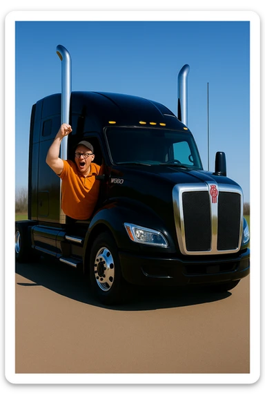 Move the angry bald man wearing an orange shirt, glasses, and a baseball cap to the driver's side window of the 2026 Kenworth W680 black sleeper semi truck. Show his arm pumping out of the driver's side window. Keep the scene bright and vivid with clear details and vibrant colors. sticker