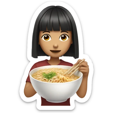 Girl with bangs eating ramen noodles sticker