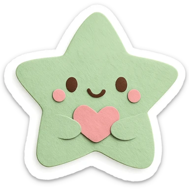 An adorable pastel green star holding a tiny pastel heart, no arms or legs, full body, transparent background, in kawaii paper craft style. sticker