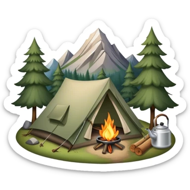 Icon for Hiking: a tent, and a kettle over a campfire, surrounded by trees and a mountain trail, a backpack, a walking stick. The icon should capture the adventure and warmth of camping. Transparent background. sticker