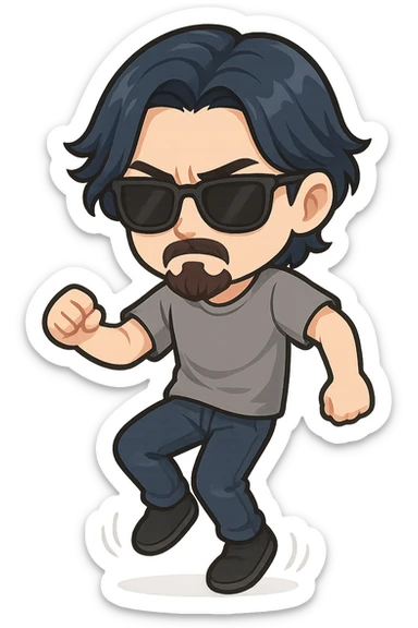 a dark brooding hipster with electric dark blue hair, surfer middle part, chin length hair, classic neat trimmed bushy goatee, black classic rayban shades, plain gray t-shirt, doing the shuffle dance, step shuffle tiktok dance, 1980's dance sticker