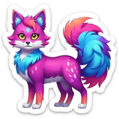 Vibrant multicolored neon-colored Falvie-Fionbri-creature-sparkle-feline-canine-hybrid-fursona, full body sticker