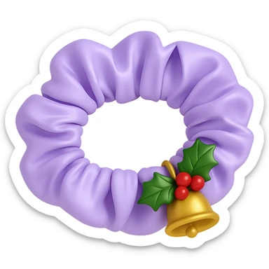 Add small holly leaves and berries next to the Christmas bell charm on the pastel purple silky scrunchie, keep the 3D emoji style and shimmer effect. Remove the background. The original style is 3D emoji style which does not support editing, so use a general style editor while respecting the 3D emoji look. sticker