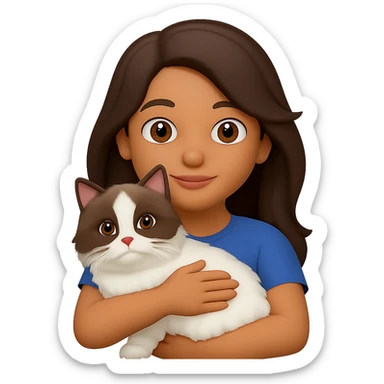 Change the girl's pink sweater to a regular t-shirt and give her light tan skin. She is hugging a Himalayan cat. Render in emoji style with no background. sticker
