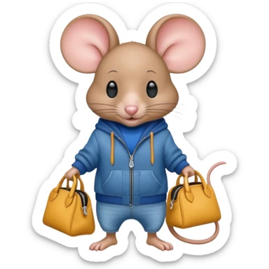 A fashionable mouse in wide jeans and a zip hoodie with a Balenciaga bag sticker
