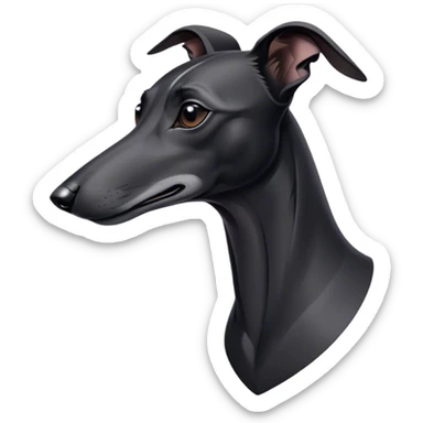 Cinematic Noble Black Greyhound Portrait Emoji, Poised and regal, with a lean, graceful build and a sleek, jet-black Fur, deep-set soulful dark eyes, Simplified yet sharp and sophisticated features, highly detailed, glowing with a soft, dignified glow, high shine, intelligent and swift, stylized with an air of elegance, focused and attentive, soft glowing outline, capturing the essence of a watchful and commanding racer, so majestic it feels as though it could sprint out of the screen with effortless authority! sticker