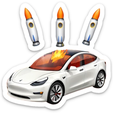 Tesla model 3 white. Two rockets mounted on roof flame backwards sticker