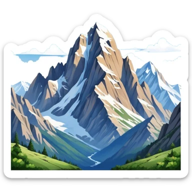 Cinematic Realistic Mountain Emoji, Majestic and towering, with craggy, snow-capped peaks rising sharply against a deep blue sky. The rugged terrain is dotted with rocky outcrops and patches of greenery, with clouds swirling around the higher reaches. Soft glowing outline, capturing the essence of ancient strength and natural beauty in a towering mountain! sticker