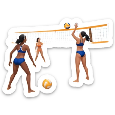 A volleyball resting on the orange sand of a beach, with a volleyball net in the background. The scene includes a beautiful beach landscape with blue sea, sky, and palm trees, while a couple of women in swimsuits play in the distance, capturing the relaxed yet competitive vibe of beach volleyball. sticker