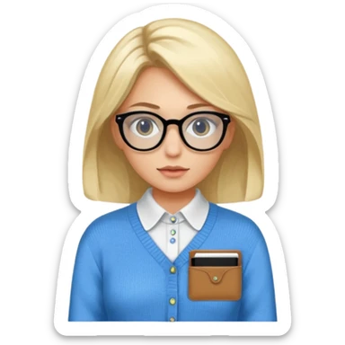 ragazza bionda vestita con camicia e maglione, con occhiali, occhi azzurri che è seduta al pc portatile sticker