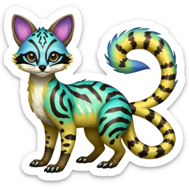 Rare realistic neon-colored iridescent shiny warm-colored lush tropical exotic cute epic pretty beautiful handsome gorgeous aesthetic colorful vibrant Vernid-Protogen-Primagen-Wickerbeast-Genet-Trico-species-Fakemon-hybrid-creature by LiLaiRa, beautiful intricate markings, full body sticker