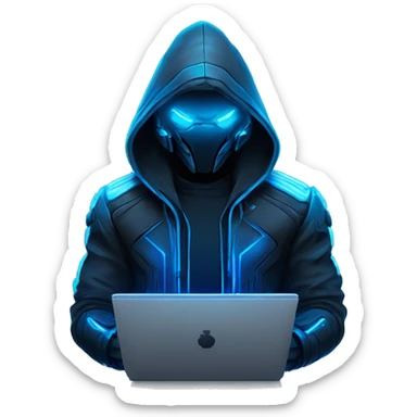 developer behind his laptop with this style : crysis Cyberpunk Riot Games Valorant neon glowing bright blue character blue black hooded assassin themed character sticker