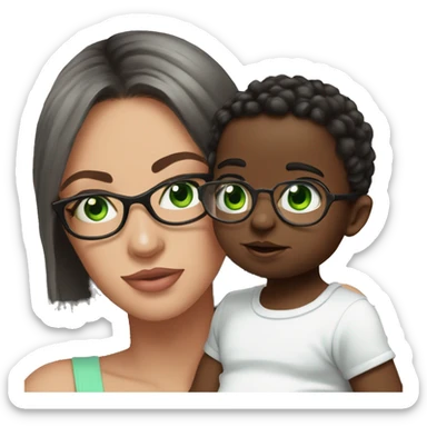 Black not that long straight hair with green eyes and glasses, big lips european girl holding one year old green eyes white baby son sticker