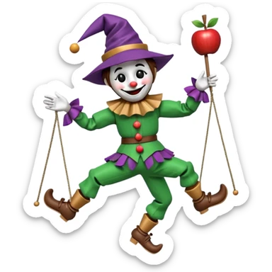 3D render of Jester Puppet as a wooden marionette puppet, Floppy hat, strings on hat, silver metal screw joints at elbows and knees, polished brown wood texture, rigid toy pose, Apple emoji style, isolated on white background --v 6.0. sticker