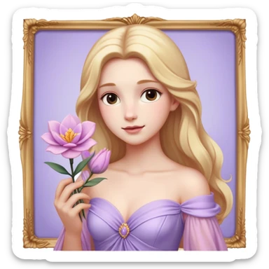 Cinematic Realistic Rapunzel Portrait, with porcelain-like skin featuring a subtle, natural glow, illuminated by soft lighting that brings out the gentle contours of her face. Her long, golden blonde hair cascades in detailed waves, each strand highlighted with a radiant shimmer as it catches the light. She playfully holds a flower in one hand, her other hand resting casually in her lap, with a warm and spirited expression. Her bright, expressive green eyes exude curiosity and warmth, framed by delicate lashes and soft, arched brows. She is dressed in her classic lavender and pink gown, the fabric textured with delicate folds that flow naturally, catching the light with a soft, radiant glow. The portrait captures a luminous, enchanting aura, seamlessly blending realism with a whimsical, fairytale charm, evoking a timeless sense of beauty and magic. sticker