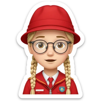 red uniform wearing scout kid with braids and glassess with hat sticker