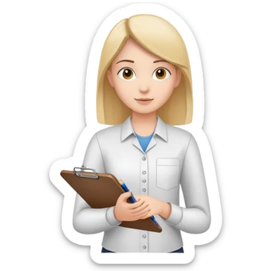intern or volunteer holding a clipboard and pencil, ready to take notes or assist. The character wears a simple shirt and has an eager posture sticker
