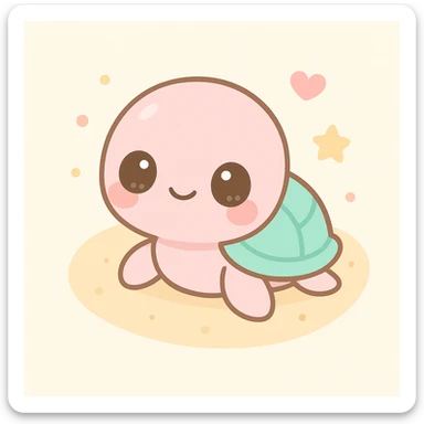 turtle on sandy beach, top-down view, extremely cute underwater cartoon creature with a big round head, huge sparkling eyes, small smiling mouth, and pink shiny skin, rosy cheeks, soft pastel colors, plastic toy-like texture, chibi style, surrounded by colorful fish and coral, gentle lighting, 3D-rendered, high detail, kawaii aesthetic sticker