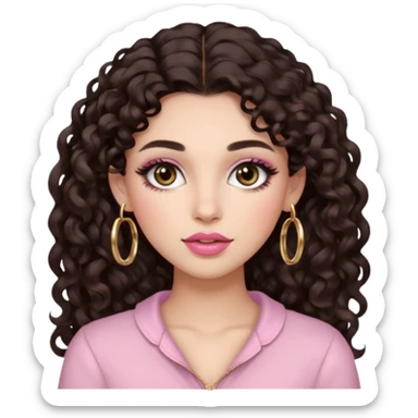 Woman with long dark brown curls, big brown eyes, thick brows, fair/light-medium skin, rosy blush, glossy pink lips, gold hoops, and soft natural glam makeup. sticker