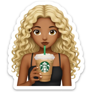 a black girl with long curly wavy blonde hair and brown eyes wearing a black tube top holding a starbucks matcha facing forward aesthetic  sticker