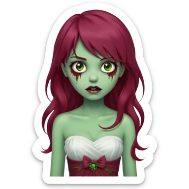 Faça uma garota com pele verde e que seja zombie, que tenha cabelo grande da cor vermelho marsala e que tenha uma franja e que seja liso mais enrolado nas pontas, e que esteja vestindo um sobre tudo(vestido sem alça) da cor branca  sticker