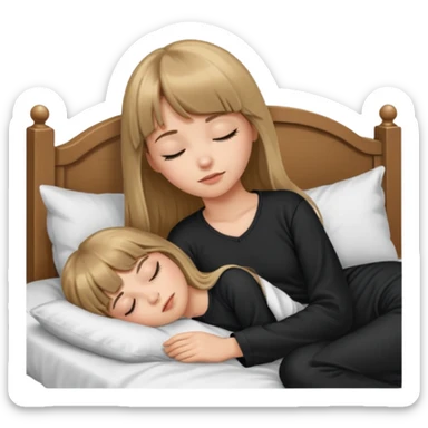Young woman with long dark blond hair all around her, and a bang, sleeping in bed  with black pyjama  sticker