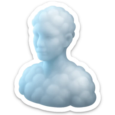 person looking straight, fully made of white fluffy convex clouds, shoulders up, matte glass style sticker