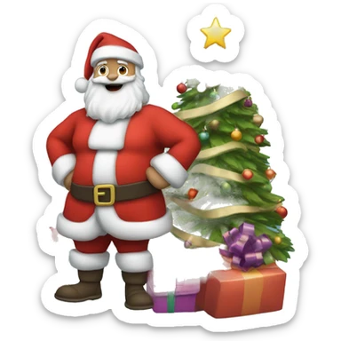 santa claus standing next to the Christmas tree with presents and gifts in his hands sticker