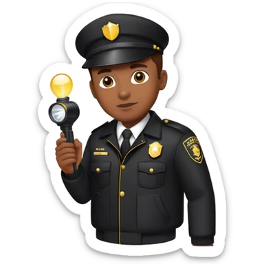 A vigilant male security guard wearing a black uniform, a cap with ‘SECURITY’ embroidered on it, and a black jacket. He holds a flashlight  shining its beam forward sticker