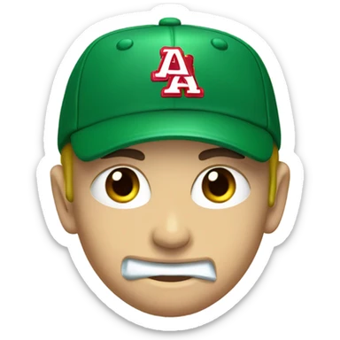 Caucasian Baseball player with red hat and red jersey and green eyes eating cheese sticker