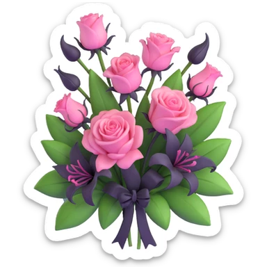 minimal 3D gothic bouquet with pink roses and black lilies, simple and mysterious sticker