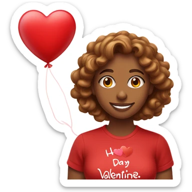 Light brown woman with long brown  curly hair with a red happy Valentine’s Day t-shirt sticker