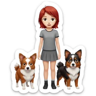 young woman with red hair standing with two mini Australian shepherds, brown white and black, boy bigger, girl smaller and delicate, emoji style sticker