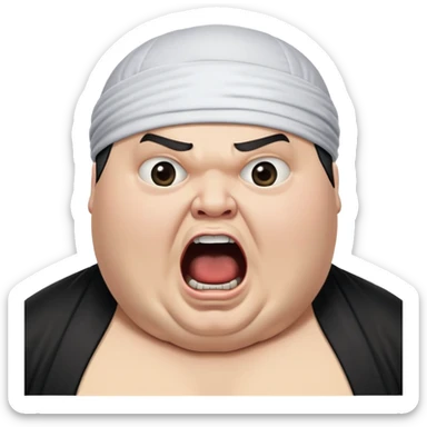 Super extreme tight close-up of just the face of morbidly obese white skin guy with young face, prominent BLACK DURAG tied clearly on head, black beard but no mustache, clean shaven upper lip, black eyes, mouth wide open screaming angrily sticker