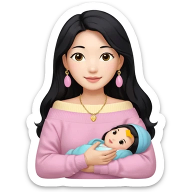 South Korean girl in her mid-thirties with long black hair and a middle part. She is wearing a baby pink, off the shoulder long sleeve knit sweater. She has small gold earrings and a gold necklace. She has brown eyes with narrow, mono lid shape and smiling with lips together sticker